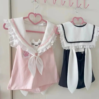 Kawaii Cat Lace Sailor Crop TopWomen T-shirtsTorqelo.com