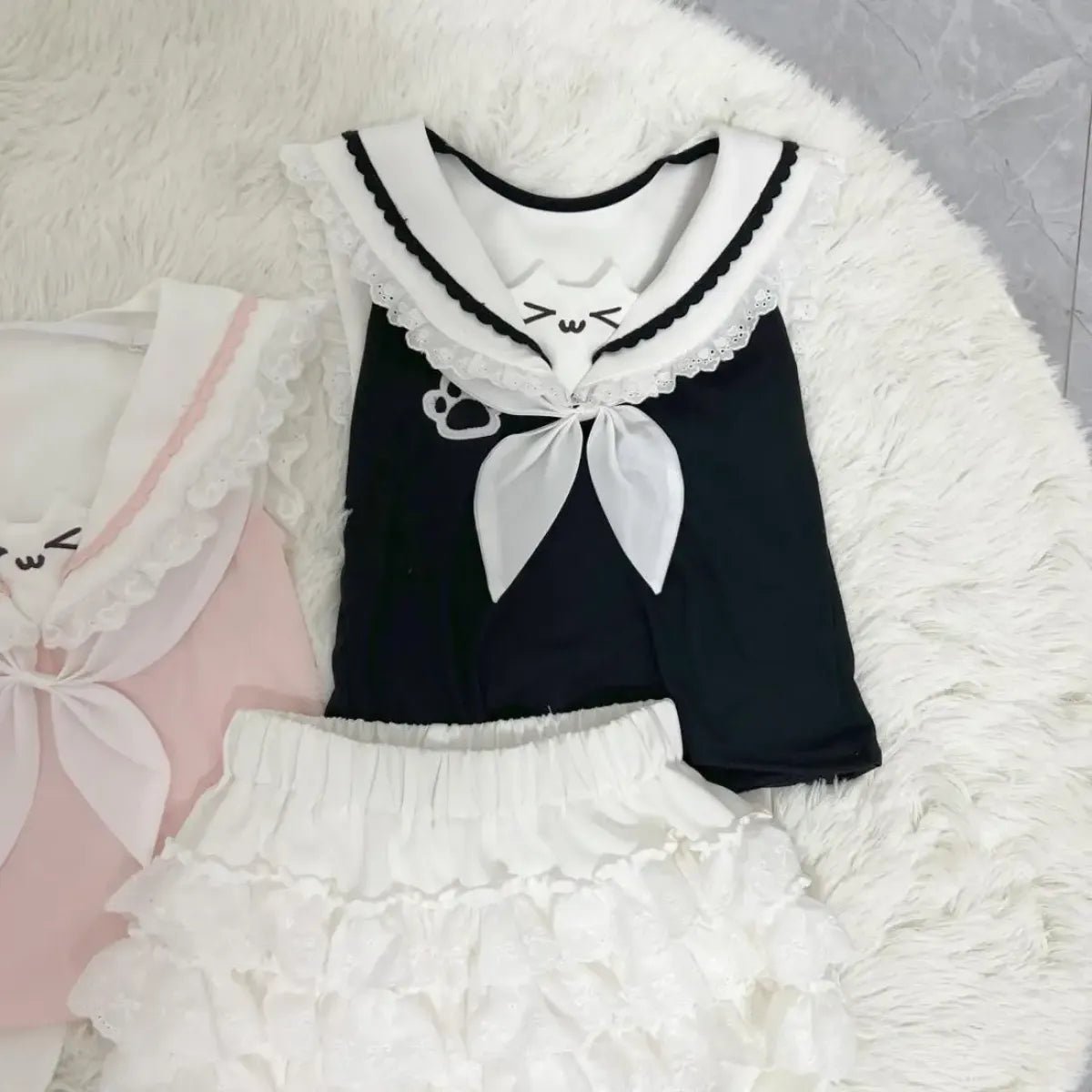 Kawaii Cat Lace Sailor Crop TopWomen T-shirtsTorqelo.com