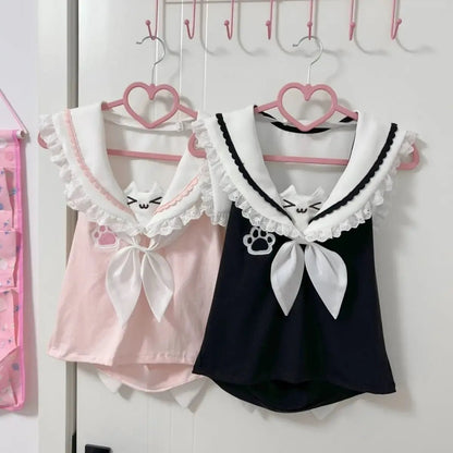 Kawaii Cat Lace Sailor Crop TopWomen T-shirtsTorqelo.com