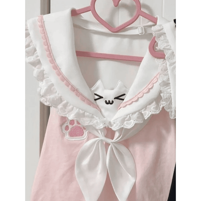 Kawaii Cat Lace Sailor Crop TopWomen T-shirtsTorqelo.com