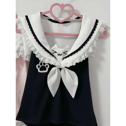 Kawaii Cat Lace Sailor Crop TopWomen T-shirtsTorqelo.com