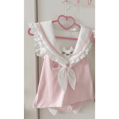 Kawaii Cat Lace Sailor Crop TopWomen T-shirtsTorqelo.com