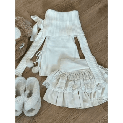 Kawaii Off-Shoulder Knit Lace SetSetsTorqelo.com
