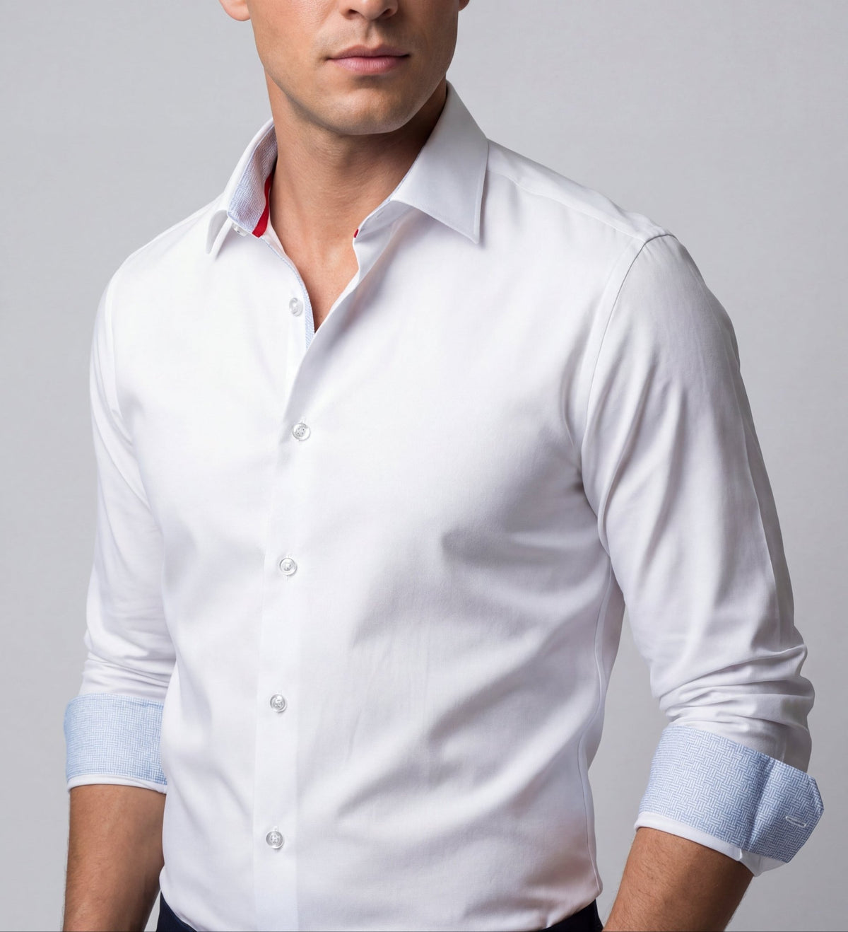 Kenneth// Cotton Knit-Stretch Button-Up Shirt With Contrast Details // White // Tailored Fit (Fitted)Shirts & TopsTorqelo.com