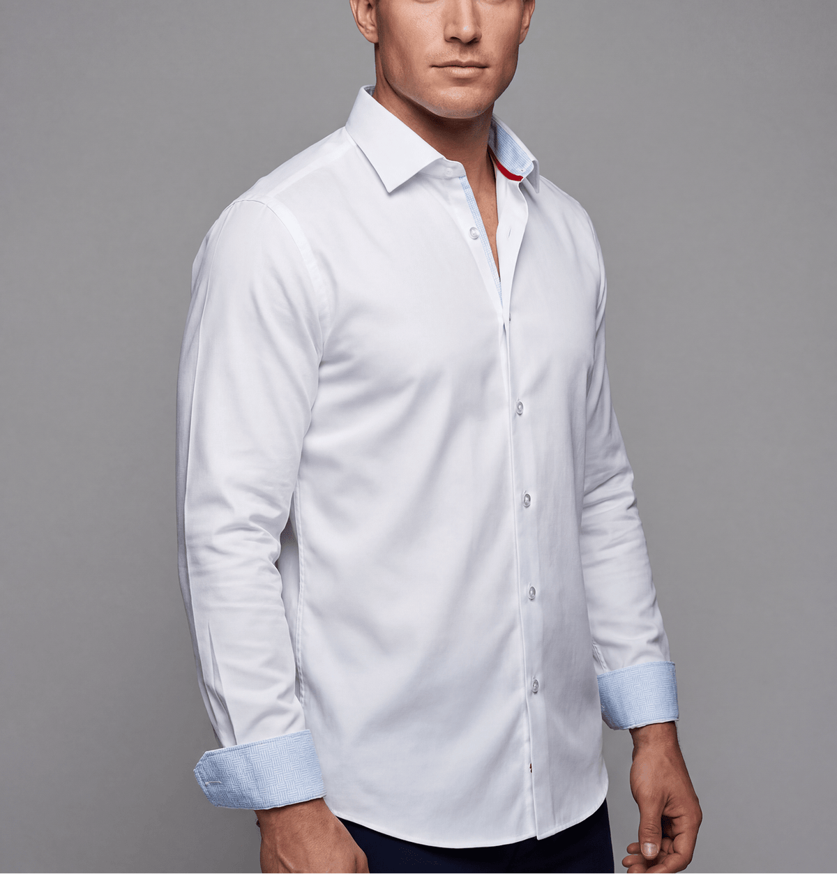 Kenneth// Cotton Knit-Stretch Button-Up Shirt With Contrast Details // White // Tailored Fit (Fitted)Shirts & TopsTorqelo.com
