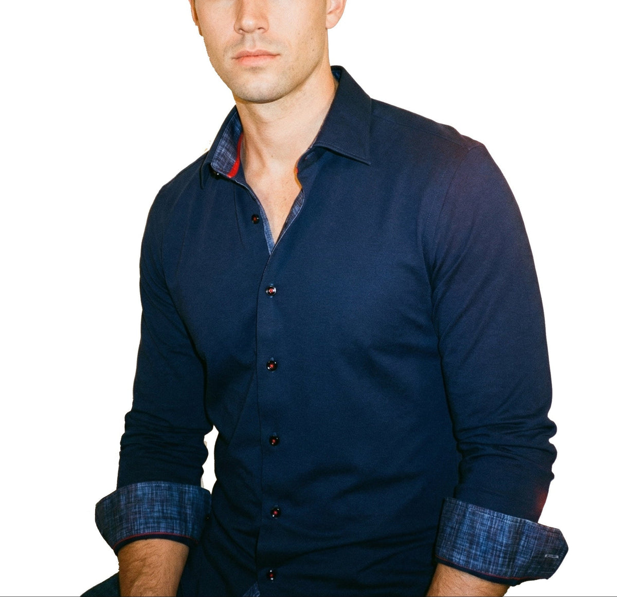 Kevin// Cotton Knit-Stretch Button-Up Shirt With Contrast Details // Navy // Tailored Fit (Fitted)Shirts & TopsTorqelo.com