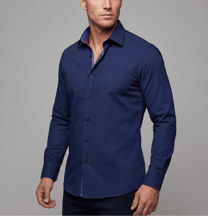 Kevin// Cotton Knit-Stretch Button-Up Shirt With Contrast Details // Navy // Tailored Fit (Fitted)Shirts & TopsTorqelo.com