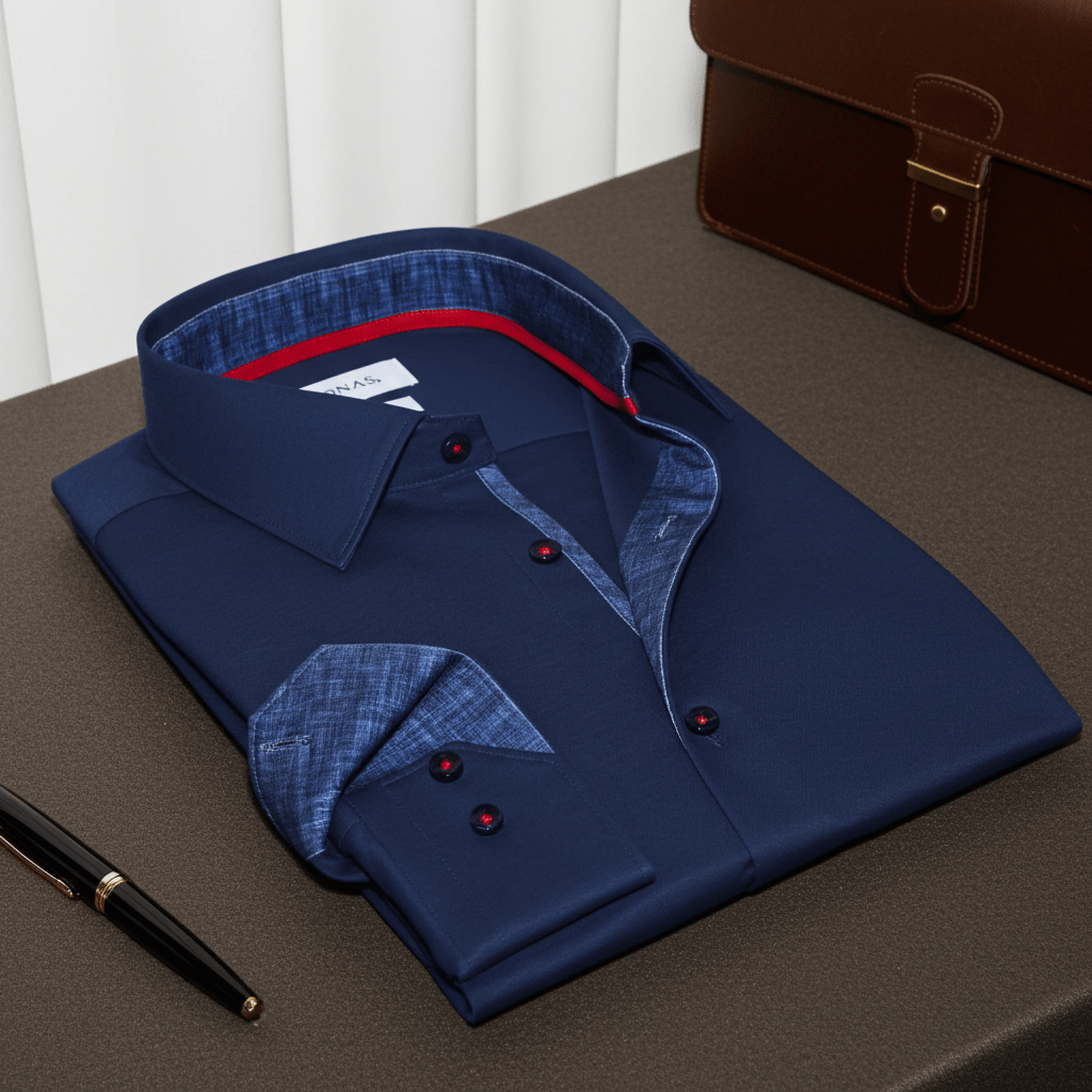 Kevin// Cotton Knit-Stretch Button-Up Shirt With Contrast Details // Navy // Tailored Fit (Fitted)Shirts & TopsTorqelo.com