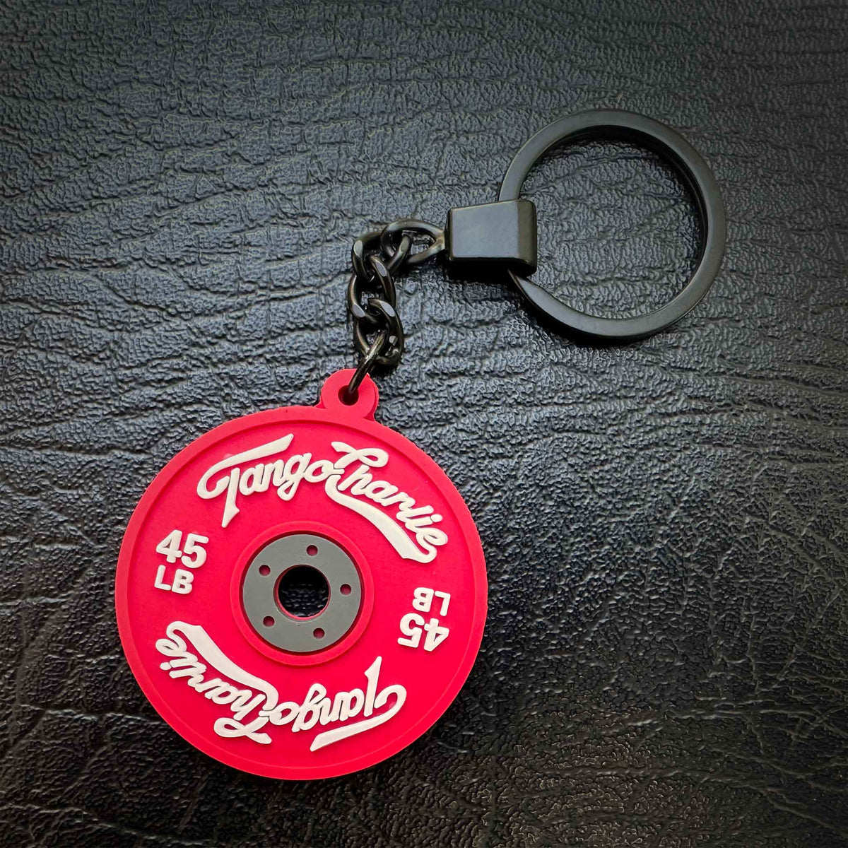 45 lb plate keychain in red by Tango Charlie Apparel