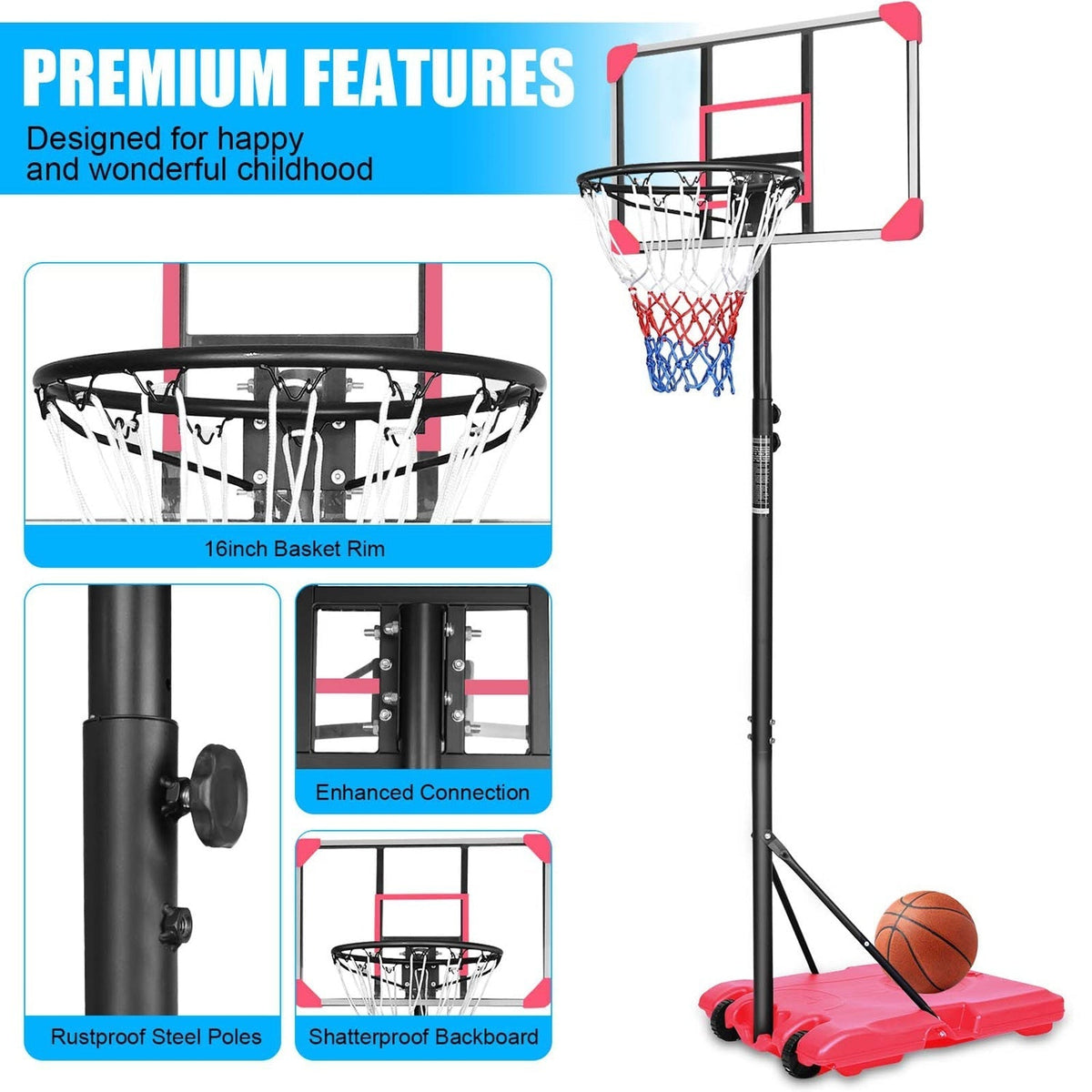Kids Basketball Hoop Adjustable 5.6-7ft with WheelsBasketball HoopTorqelo.com