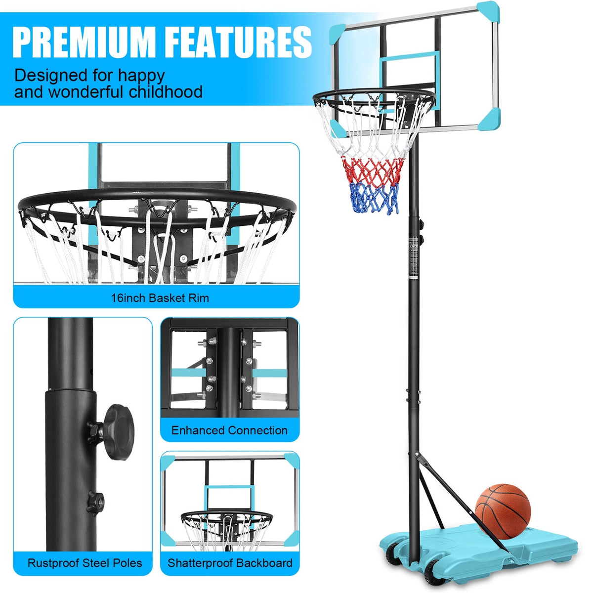 Kids Basketball Hoop Adjustable 5.6-7ft with WheelsBasketball HoopTorqelo.com