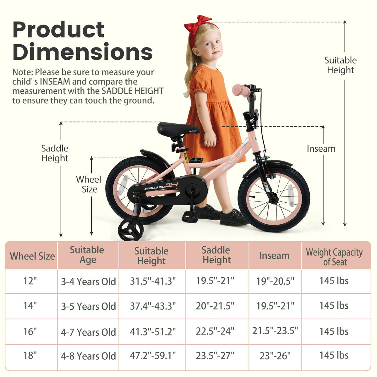 Kids Bike 12-18 Inch with Training Wheels - PinkKids BikeTorqelo.com