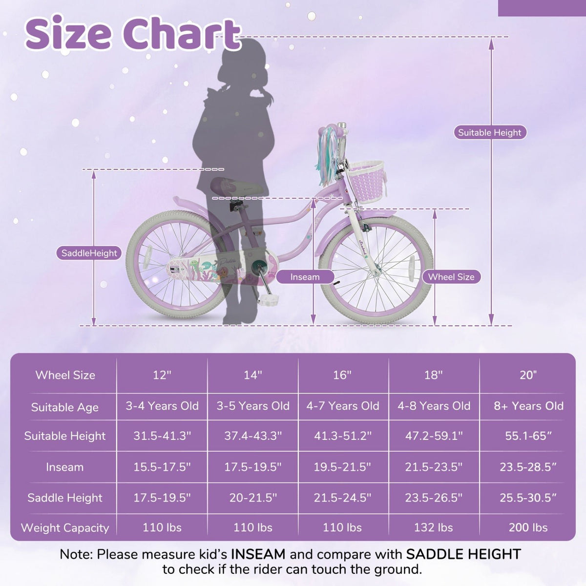 Kids Bike 12-20 Inch with Training Wheels & Basket PurpleKids BikeTorqelo.com