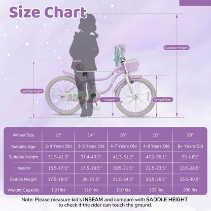 Kids Bike 12-20 Inch with Training Wheels & Basket PurpleKids BikeTorqelo.com
