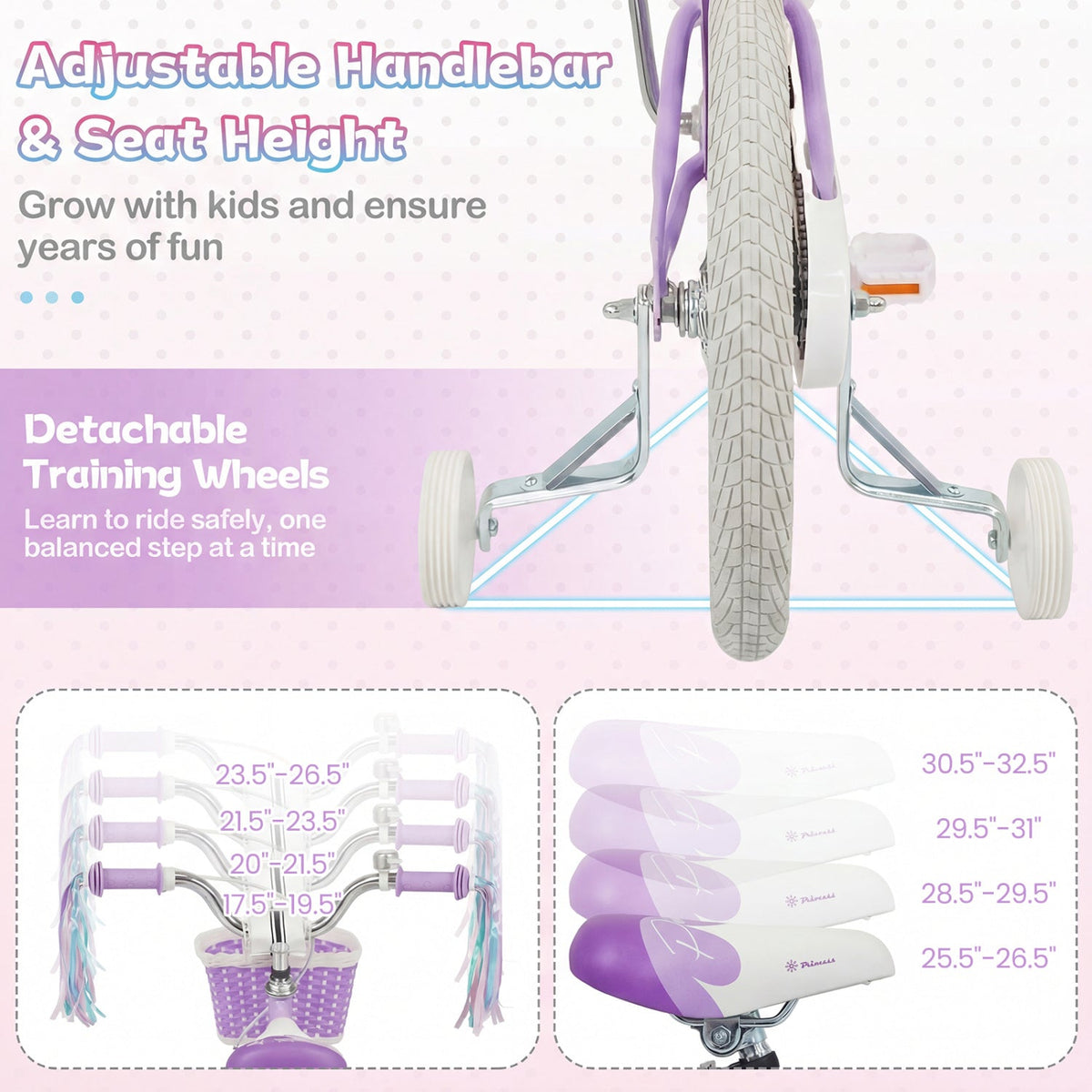 Kids Bike 12-20 Inch with Training Wheels & Basket PurpleKids BikeTorqelo.com