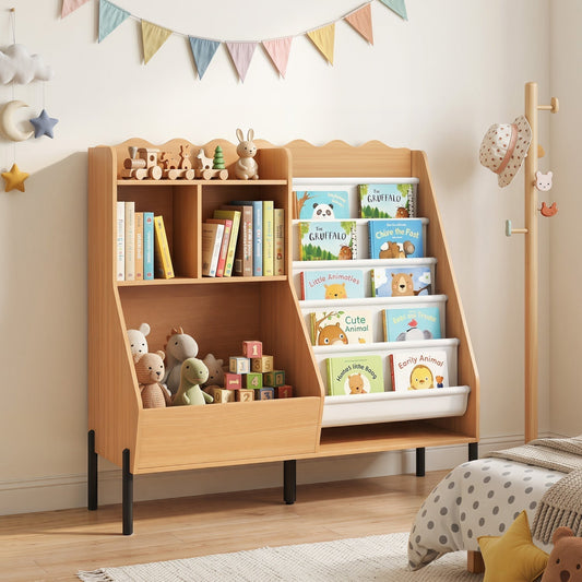 Kids Bookshelf and Toy Storage Organizer with 5 Fabric PocketsKids Storage FurnitureTorqelo.com