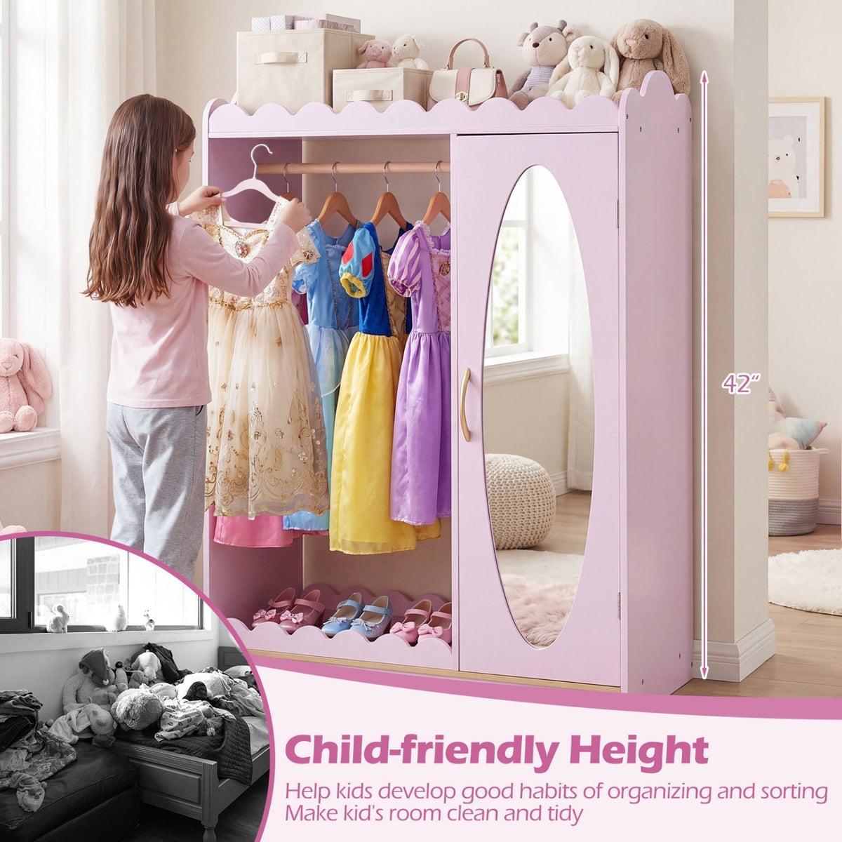 Kids Dress Up Storage Cabinet with Full Length Mirror - PinkKids Storage FurnitureTorqelo.com