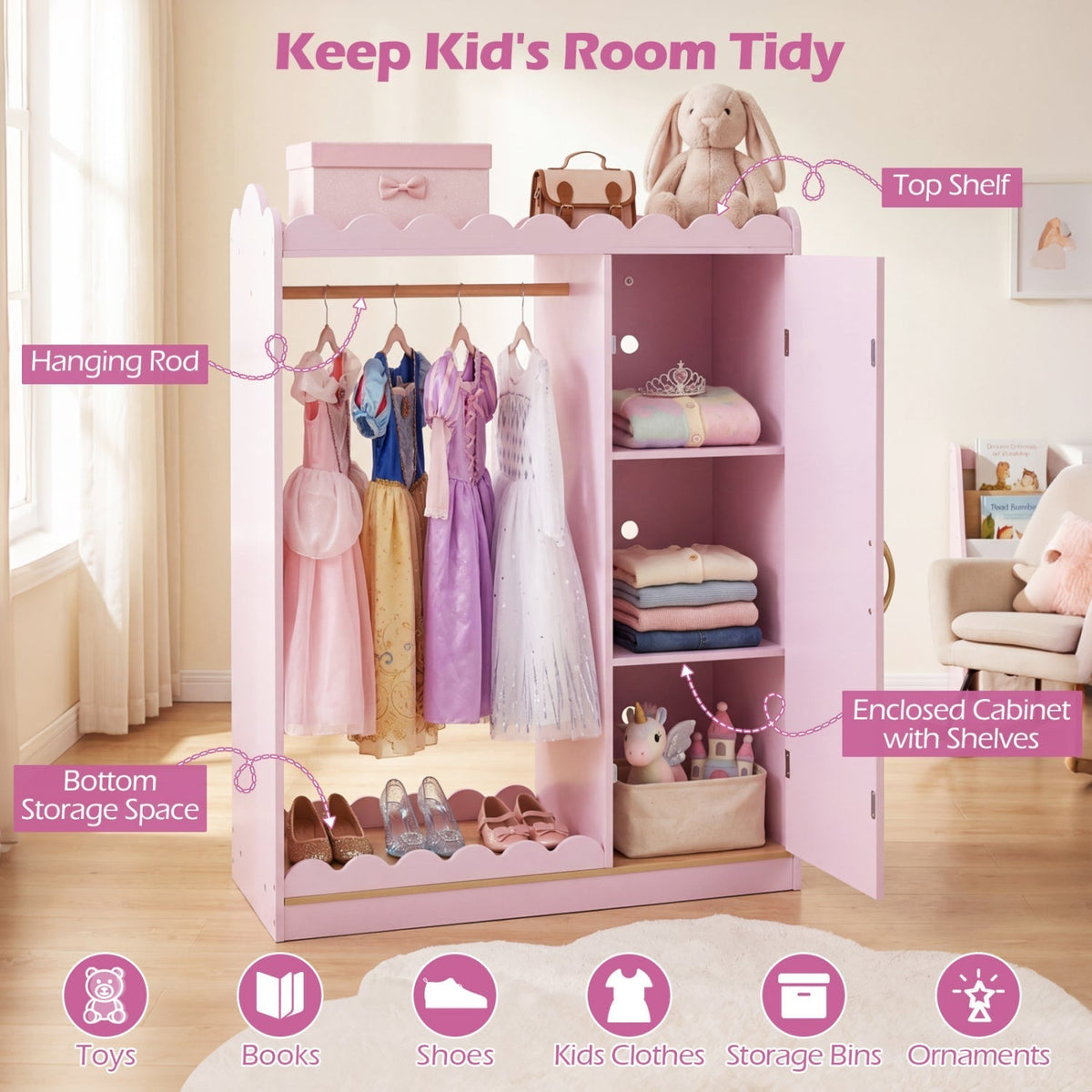 Kids Dress Up Storage Cabinet with Full Length Mirror - PinkKids Storage FurnitureTorqelo.com
