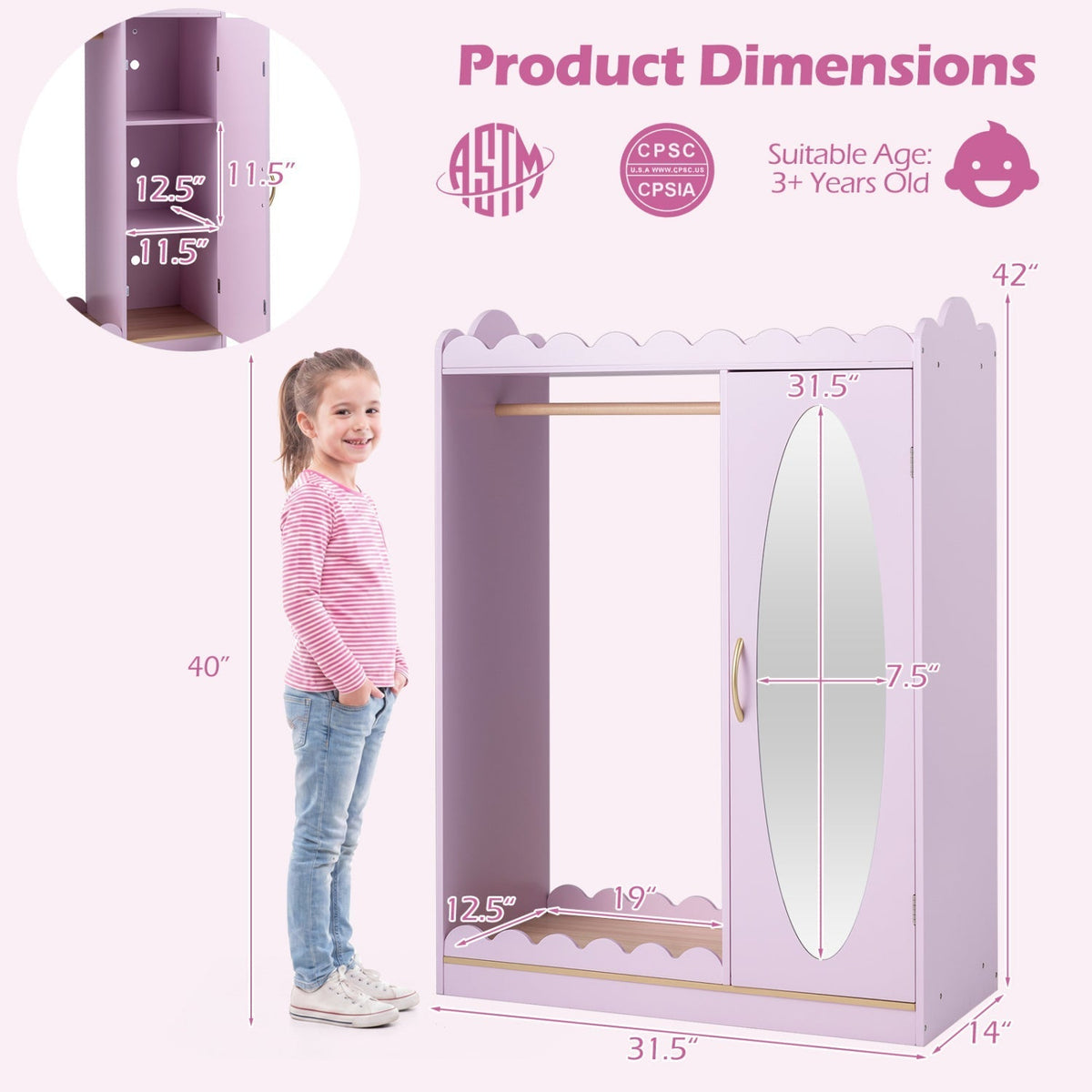 Kids Dress Up Storage Cabinet with Full Length Mirror - PinkKids Storage FurnitureTorqelo.com