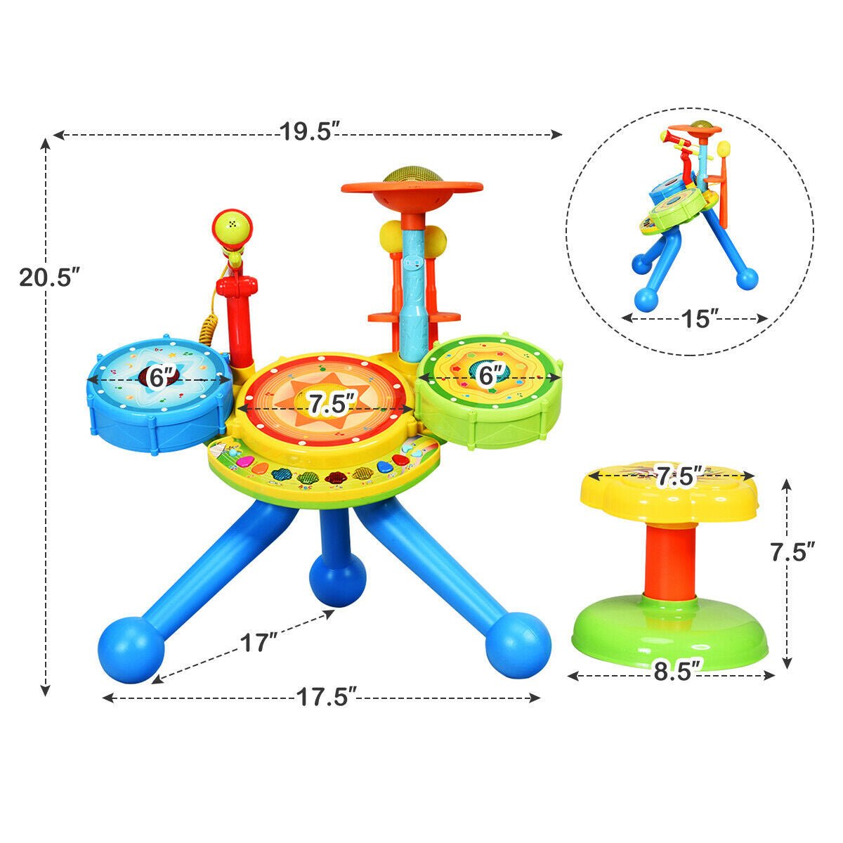 Kids Electric Jazz Drum Set with Stool Microphone and LED LightTorqelo.com