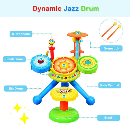 Kids Electric Jazz Drum Set with Stool Microphone and LED LightTorqelo.com