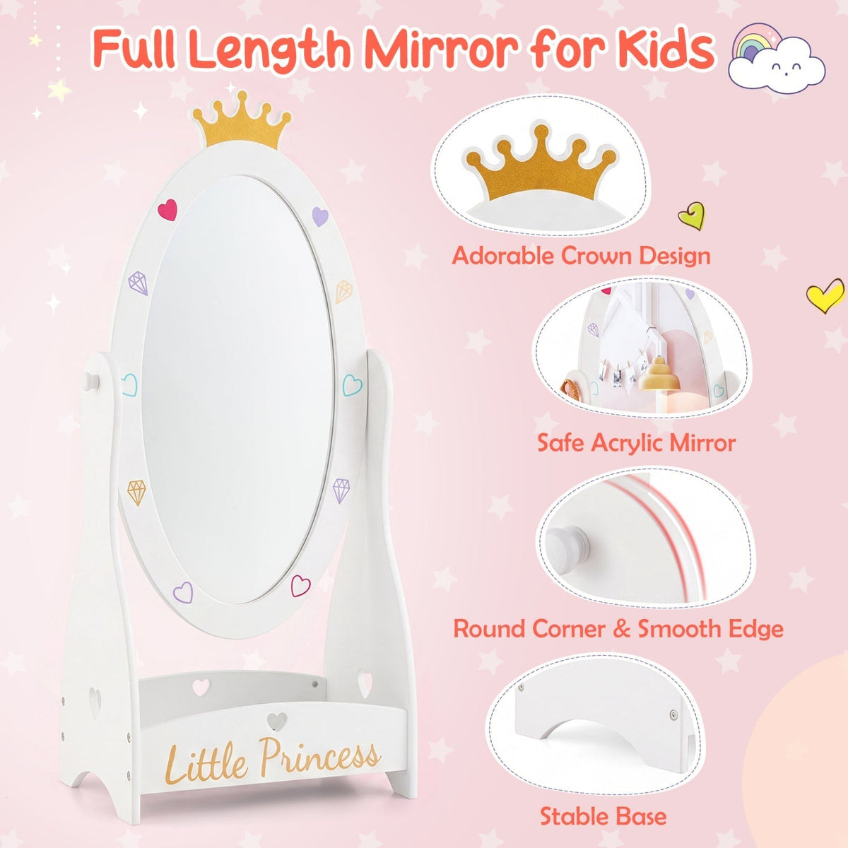 Kids Full Length Mirror with Rotatable Design and ShelfKids MirrorTorqelo.com