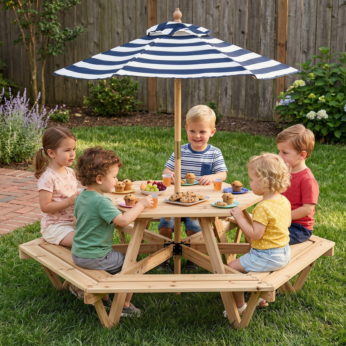 Kids Hexagonal Picnic Table with Umbrella and 6 BenchesKids FurnitureTorqelo.com