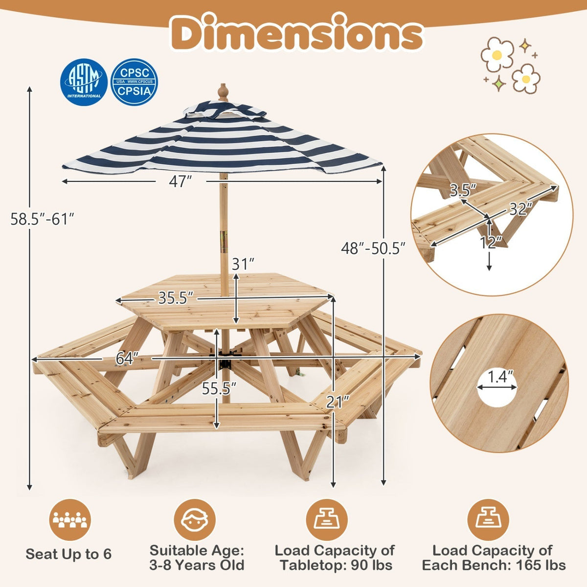 Kids Hexagonal Picnic Table with Umbrella and 6 BenchesKids FurnitureTorqelo.com