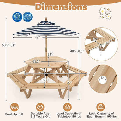 Kids Hexagonal Picnic Table with Umbrella and 6 BenchesKids FurnitureTorqelo.com