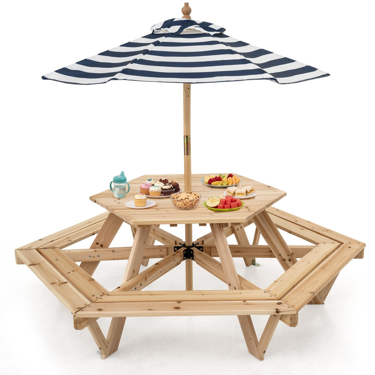 Kids Hexagonal Picnic Table with Umbrella and 6 BenchesKids FurnitureTorqelo.com