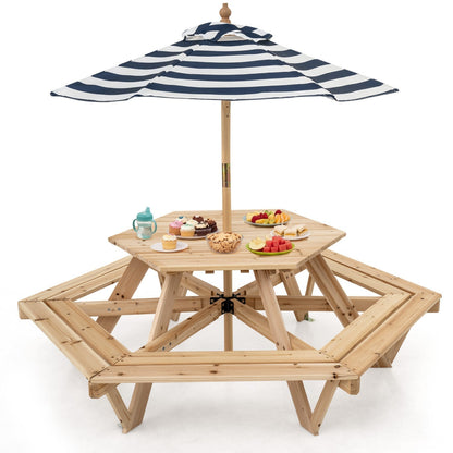 Kids Hexagonal Picnic Table with Umbrella and 6 BenchesKids FurnitureTorqelo.com