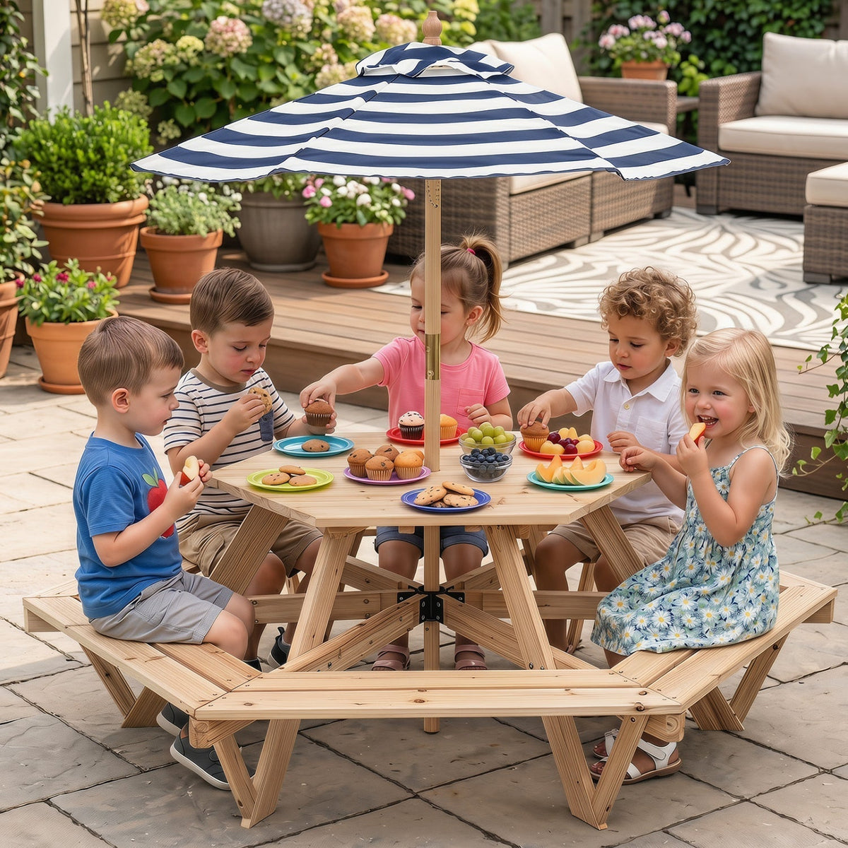 Kids Hexagonal Picnic Table with Umbrella and 6 BenchesKids FurnitureTorqelo.com
