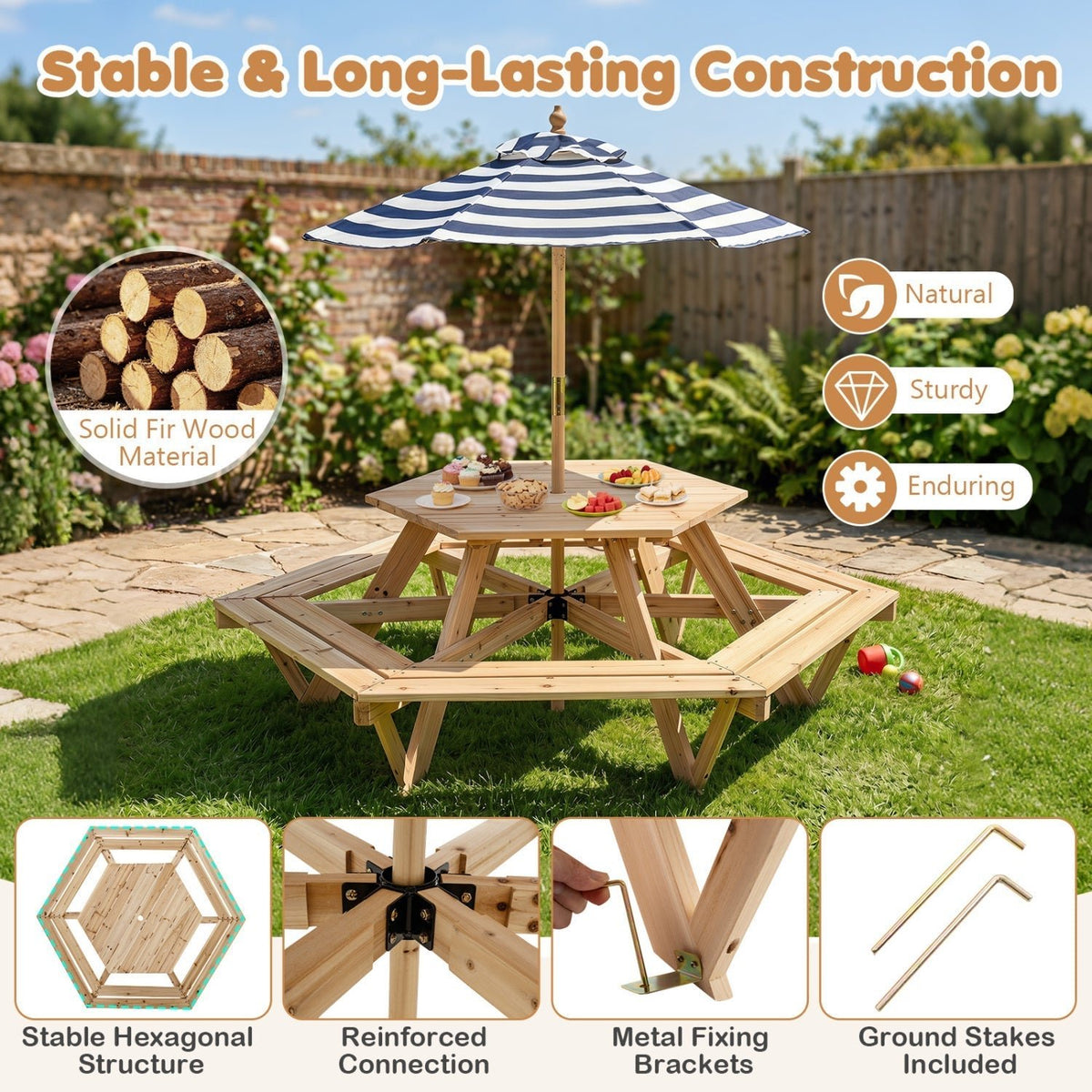 Kids Hexagonal Picnic Table with Umbrella and 6 BenchesKids FurnitureTorqelo.com