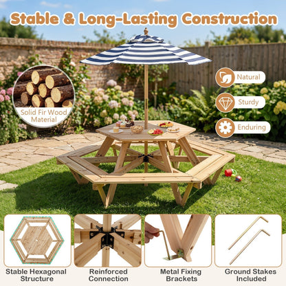Kids Hexagonal Picnic Table with Umbrella and 6 BenchesKids FurnitureTorqelo.com
