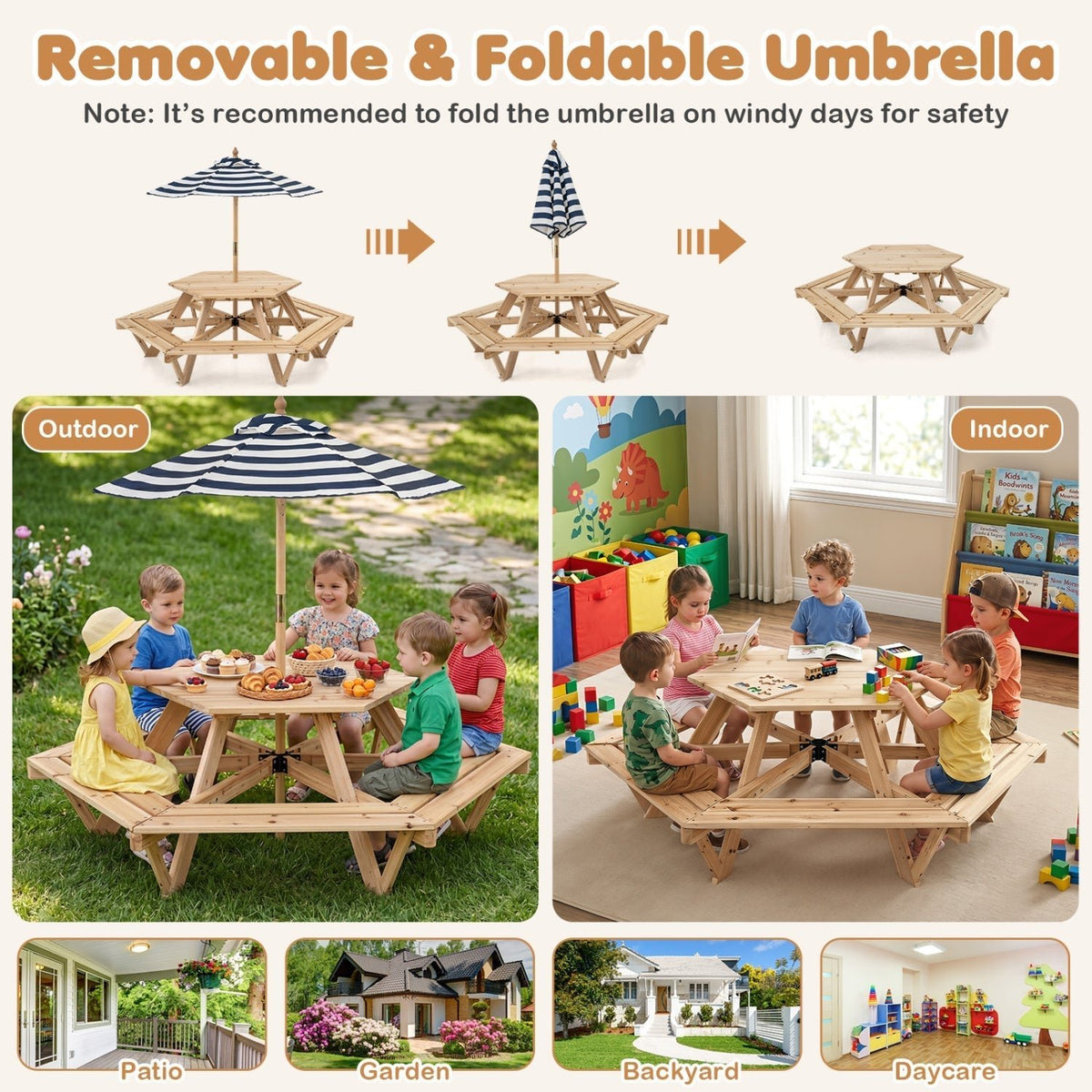 Kids Hexagonal Picnic Table with Umbrella and 6 BenchesKids FurnitureTorqelo.com