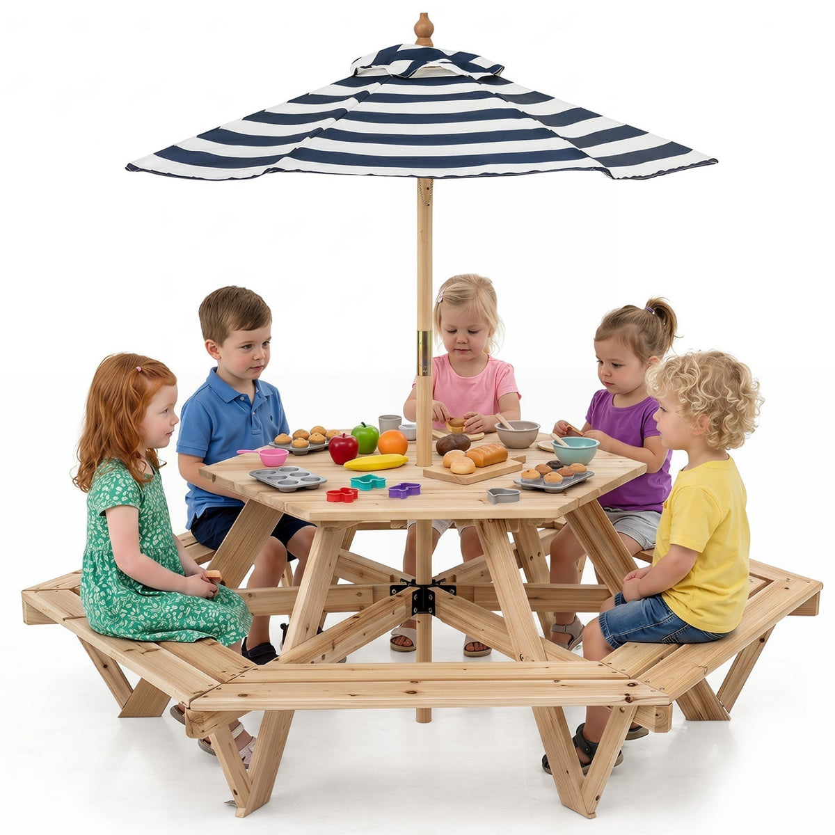 Kids Hexagonal Picnic Table with Umbrella and 6 BenchesKids FurnitureTorqelo.com