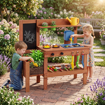 Kids Mud Kitchen with Planter Box and 13 AccessoriesPlay Kitchen SetTorqelo.com