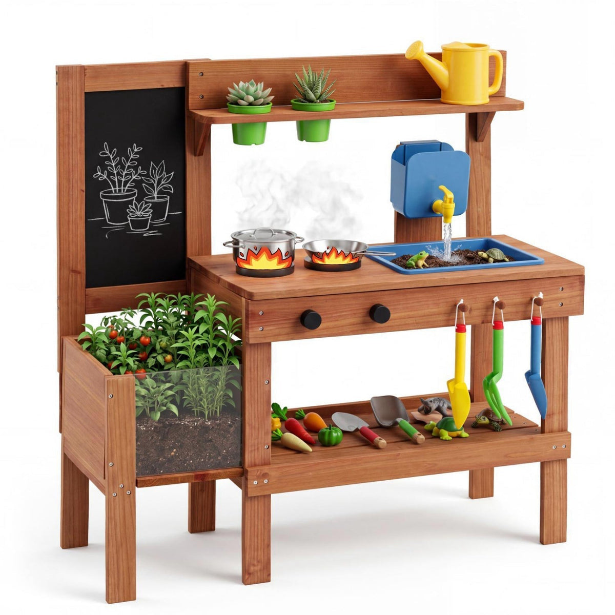 Kids Mud Kitchen with Planter Box and 13 AccessoriesPlay Kitchen SetTorqelo.com