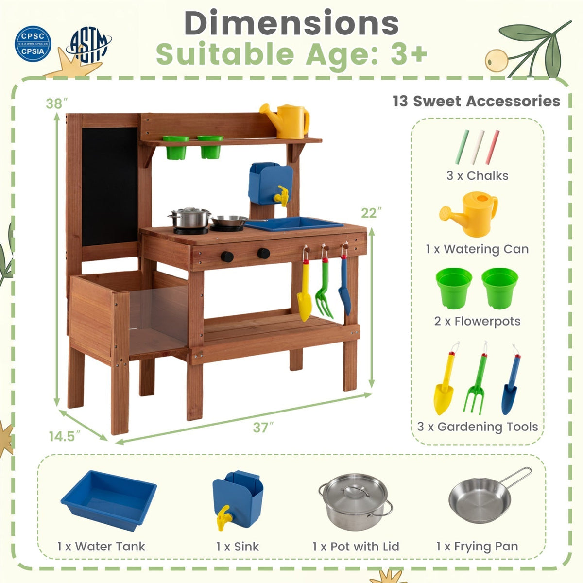 Kids Mud Kitchen with Planter Box and 13 AccessoriesPlay Kitchen SetTorqelo.com