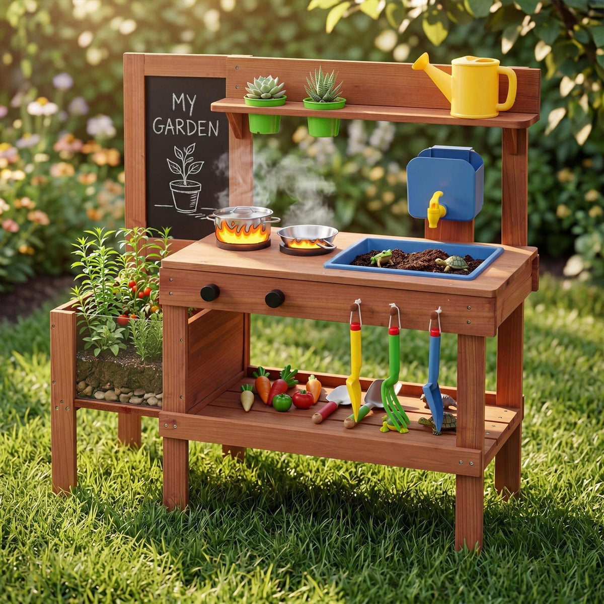 Kids Mud Kitchen with Planter Box and 13 AccessoriesPlay Kitchen SetTorqelo.com
