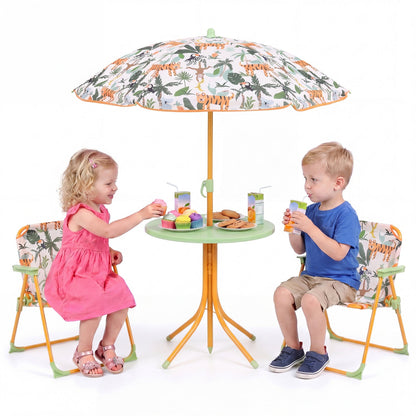 Kids Outdoor Table and Chair Set with 2 Folding Chairs and Height Adjustable UmbrellaTorqelo.com