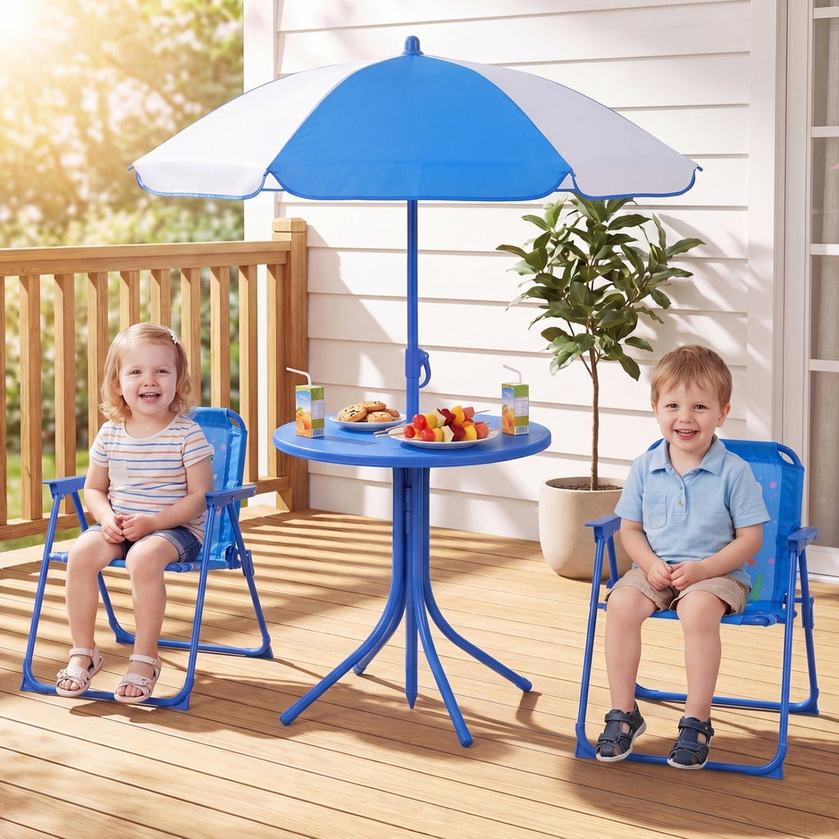 Kids Outdoor Table and Chair Set with 2 Folding Chairs and Height Adjustable UmbrellaTorqelo.com
