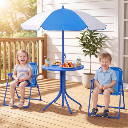 Kids Outdoor Table and Chair Set with 2 Folding Chairs and Height Adjustable UmbrellaTorqelo.com