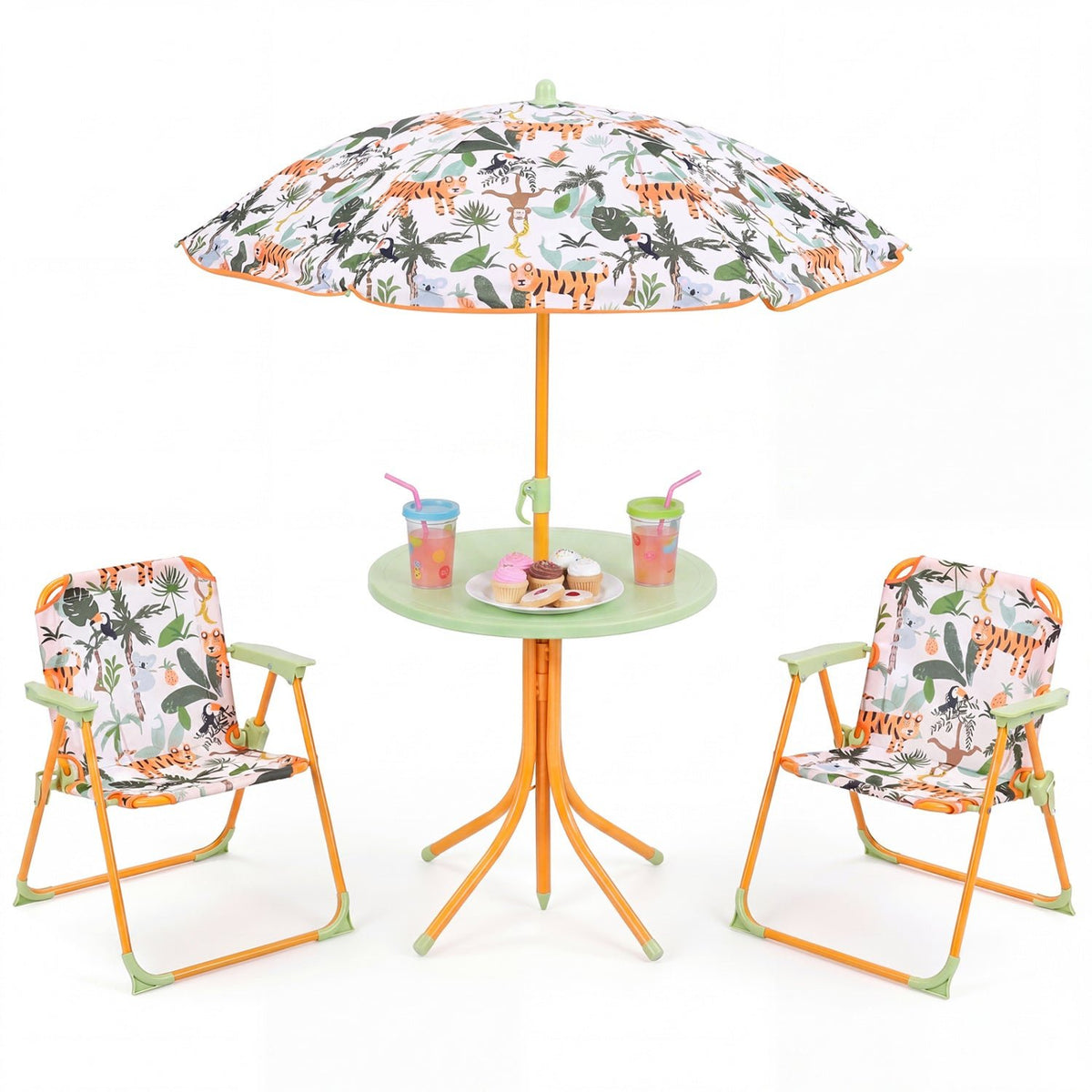 Kids Outdoor Table and Chair Set with 2 Folding Chairs and Height Adjustable UmbrellaTorqelo.com