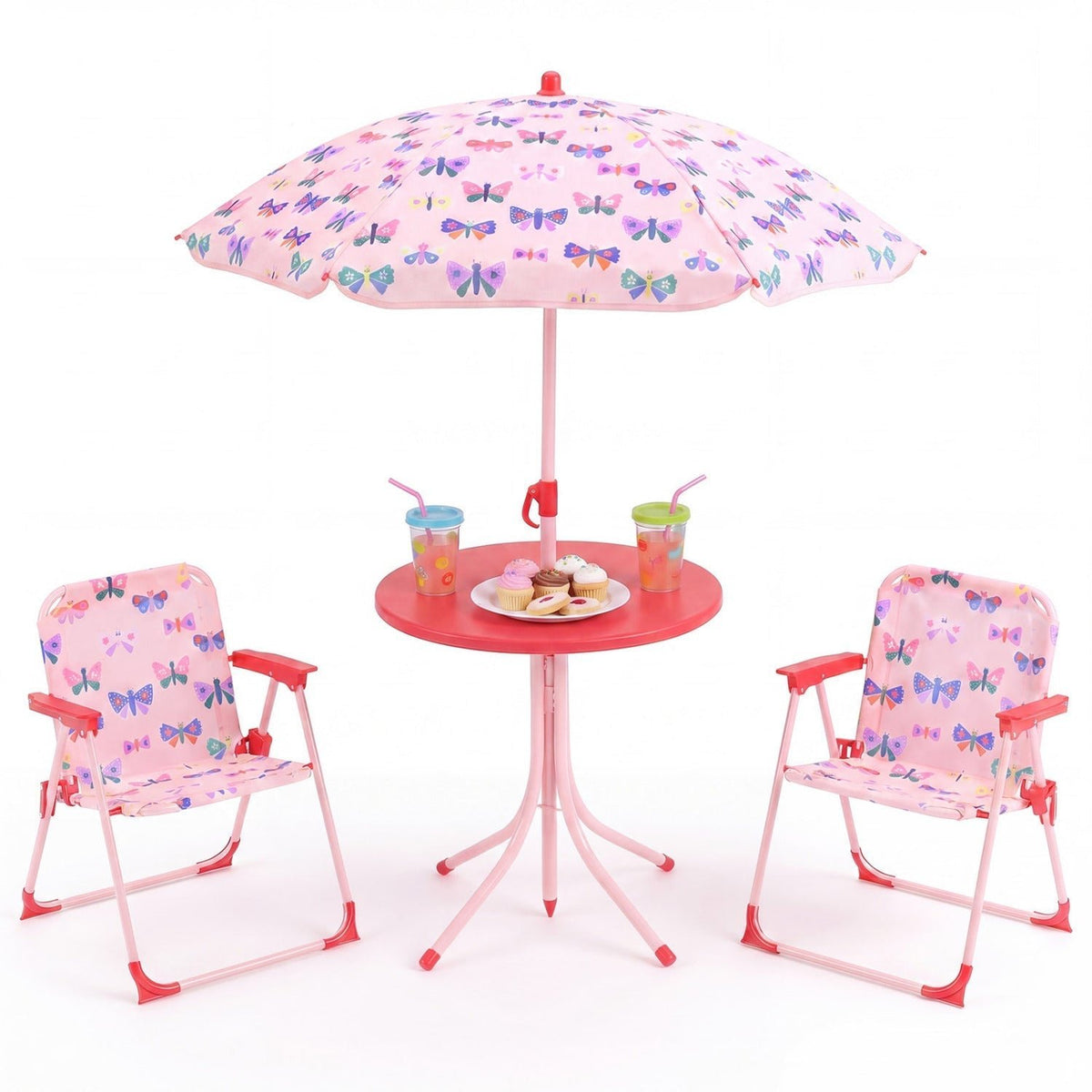 Kids Outdoor Table and Chair Set with 2 Folding Chairs and Height Adjustable UmbrellaTorqelo.com