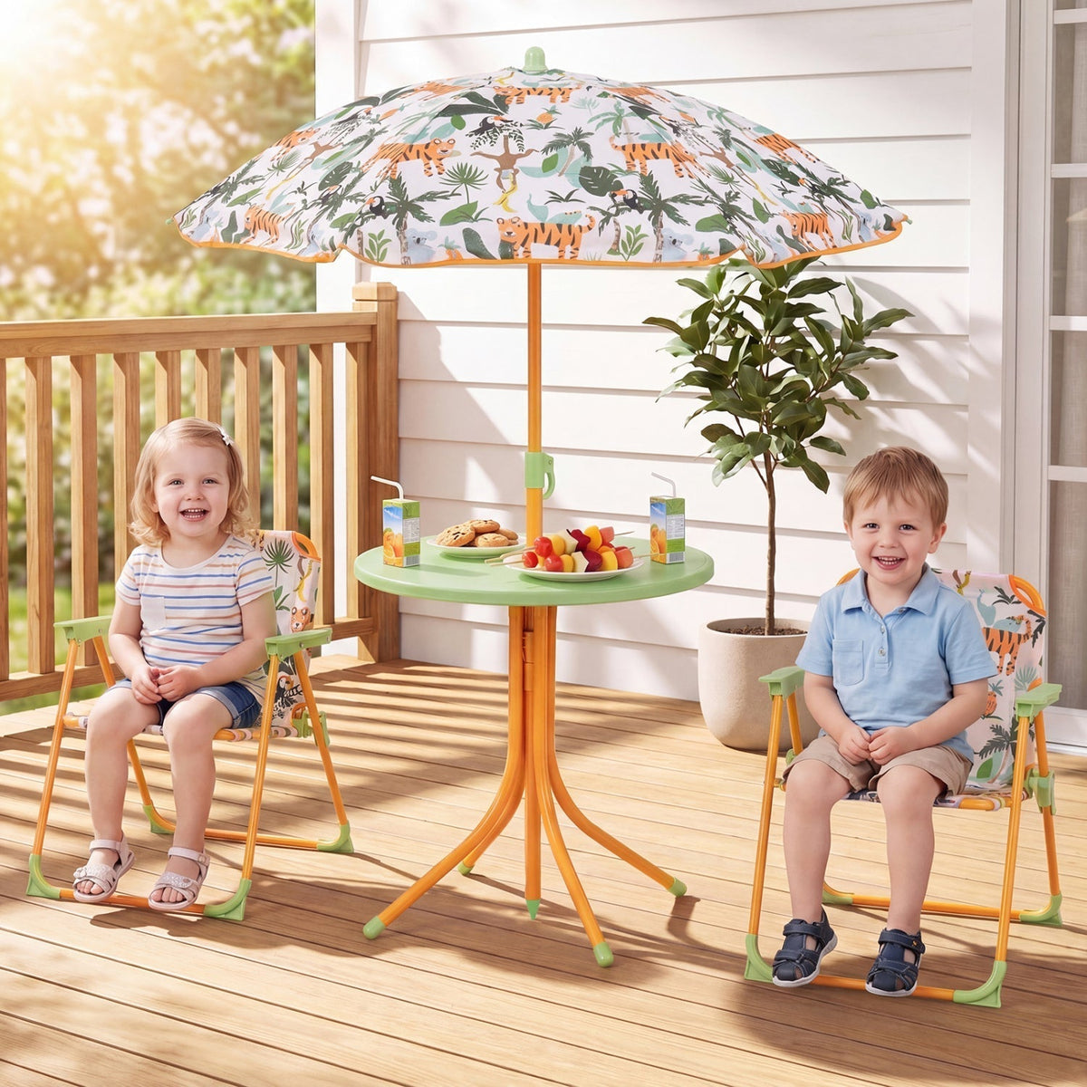 Kids Outdoor Table and Chair Set with 2 Folding Chairs and Height Adjustable UmbrellaTorqelo.com