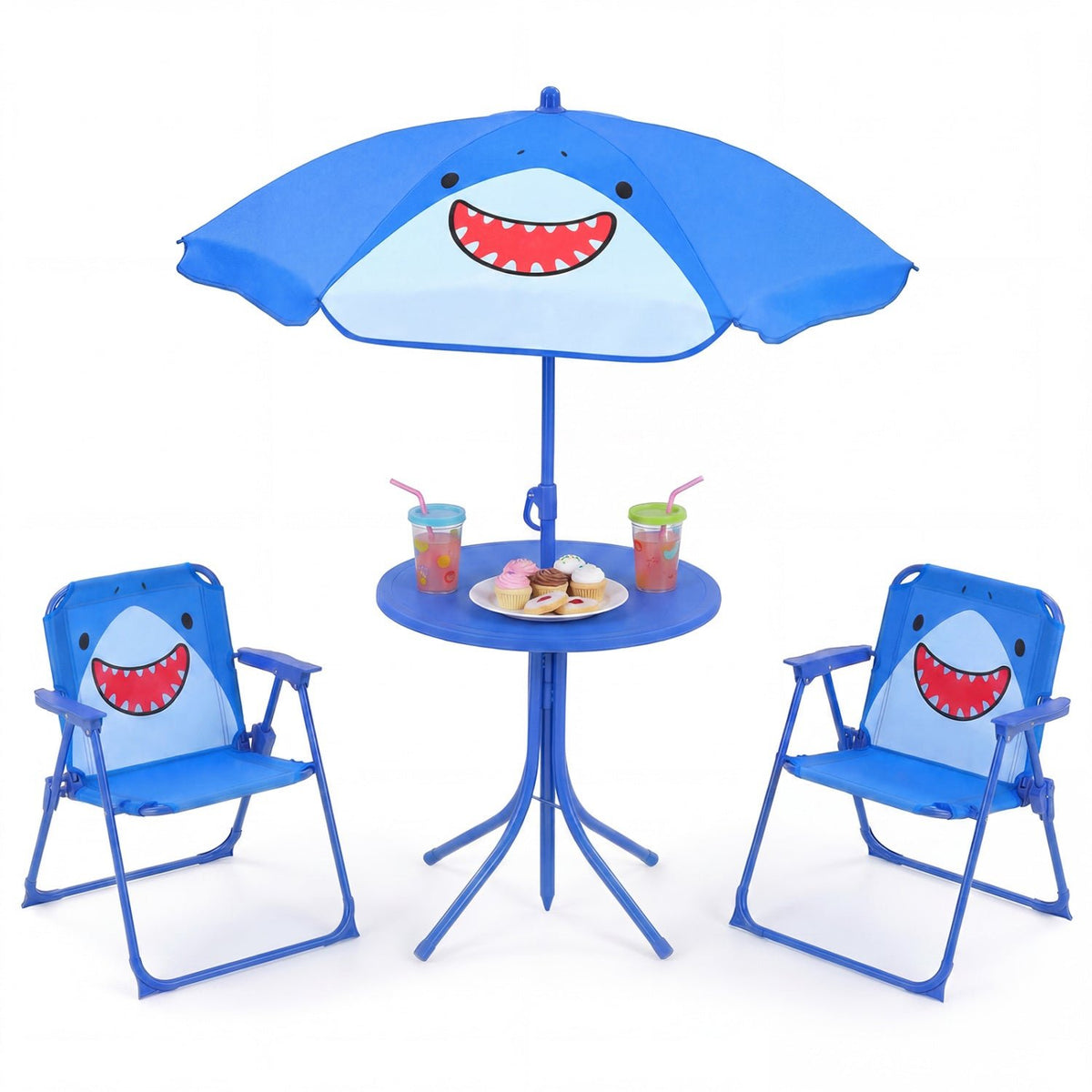 Kids Outdoor Table and Chair Set with 2 Folding Chairs and Height Adjustable UmbrellaTorqelo.com