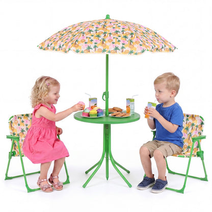 Kids Outdoor Table and Chair Set with 2 Folding Chairs and Height Adjustable UmbrellaTorqelo.com