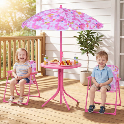Kids Outdoor Table and Chair Set with 2 Folding Chairs and Height Adjustable UmbrellaTorqelo.com