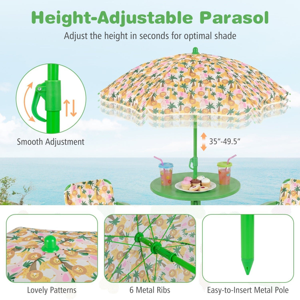 Kids Outdoor Table and Chair Set with 2 Folding Chairs and Height Adjustable UmbrellaTorqelo.com